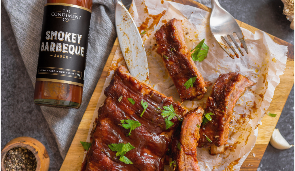 Smokey BBQ sauce served with ribs by the Condiment Co