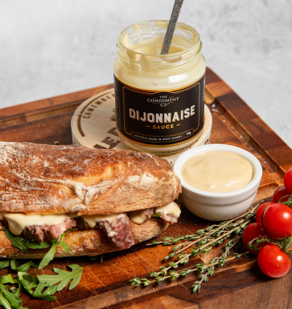 The Condiment Co Dijonnaise Sauce with a steak and rocket ciabatta