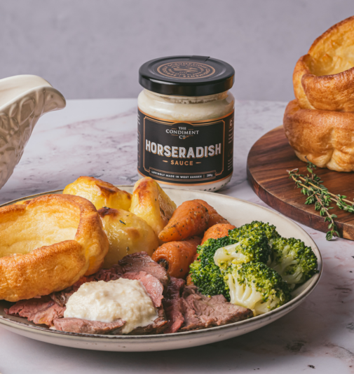 The Condiment Co Horseradish Sauce with a beef roast dinner